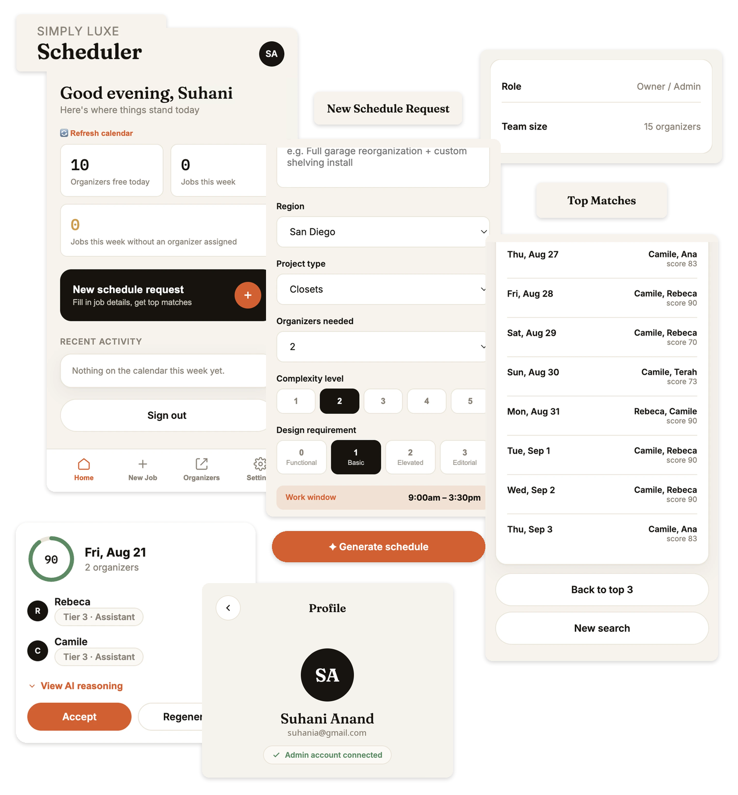 Collage of Simply Luxe Scheduler screens: the dashboard, a new schedule request form, top matches, the schedule proposal and the admin profile