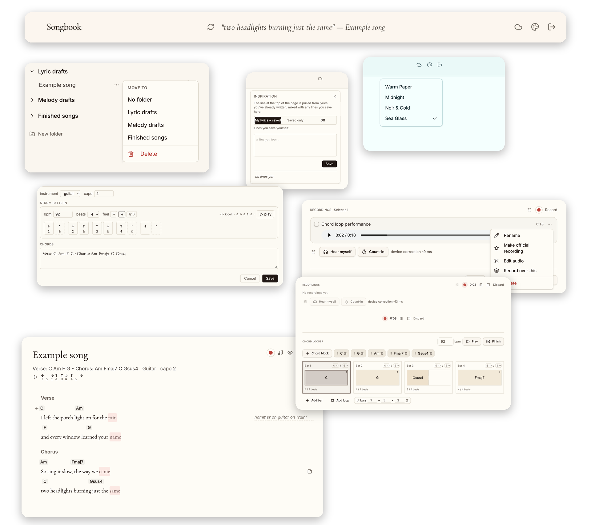 Collage of Songbook screens: the lyric editor, strum pattern editor, inspiration panel, draft folders, theme picker, recordings and the chord looper
